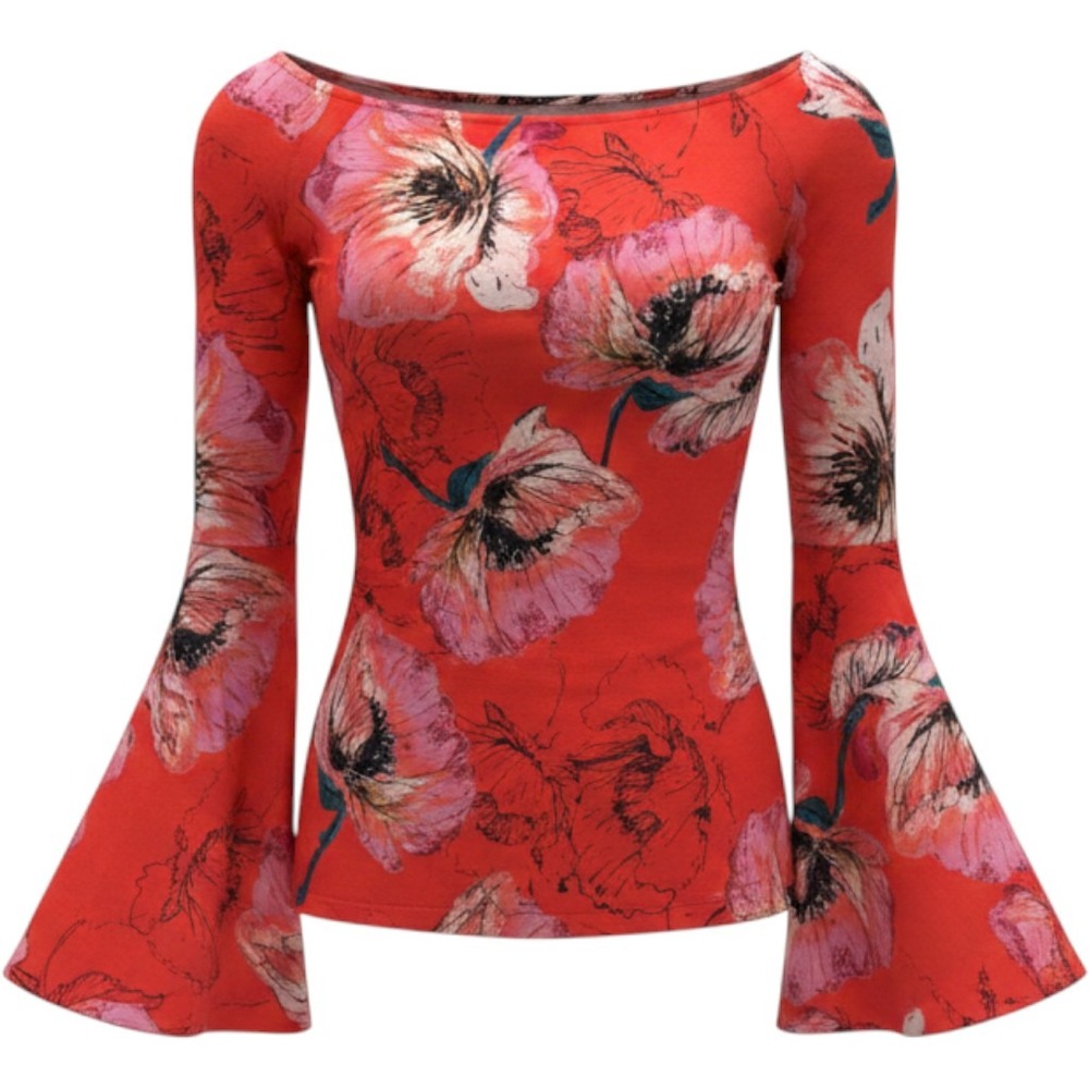 Free People We The Free Orange Floral Poppy Bell Sleeve Off Shoulder Top S Red